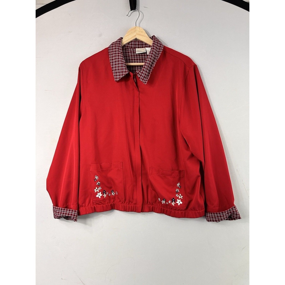 Napa Valley LG Red Zip Front Long Sleeve Golf Jacket Plaid Accents Embroidered